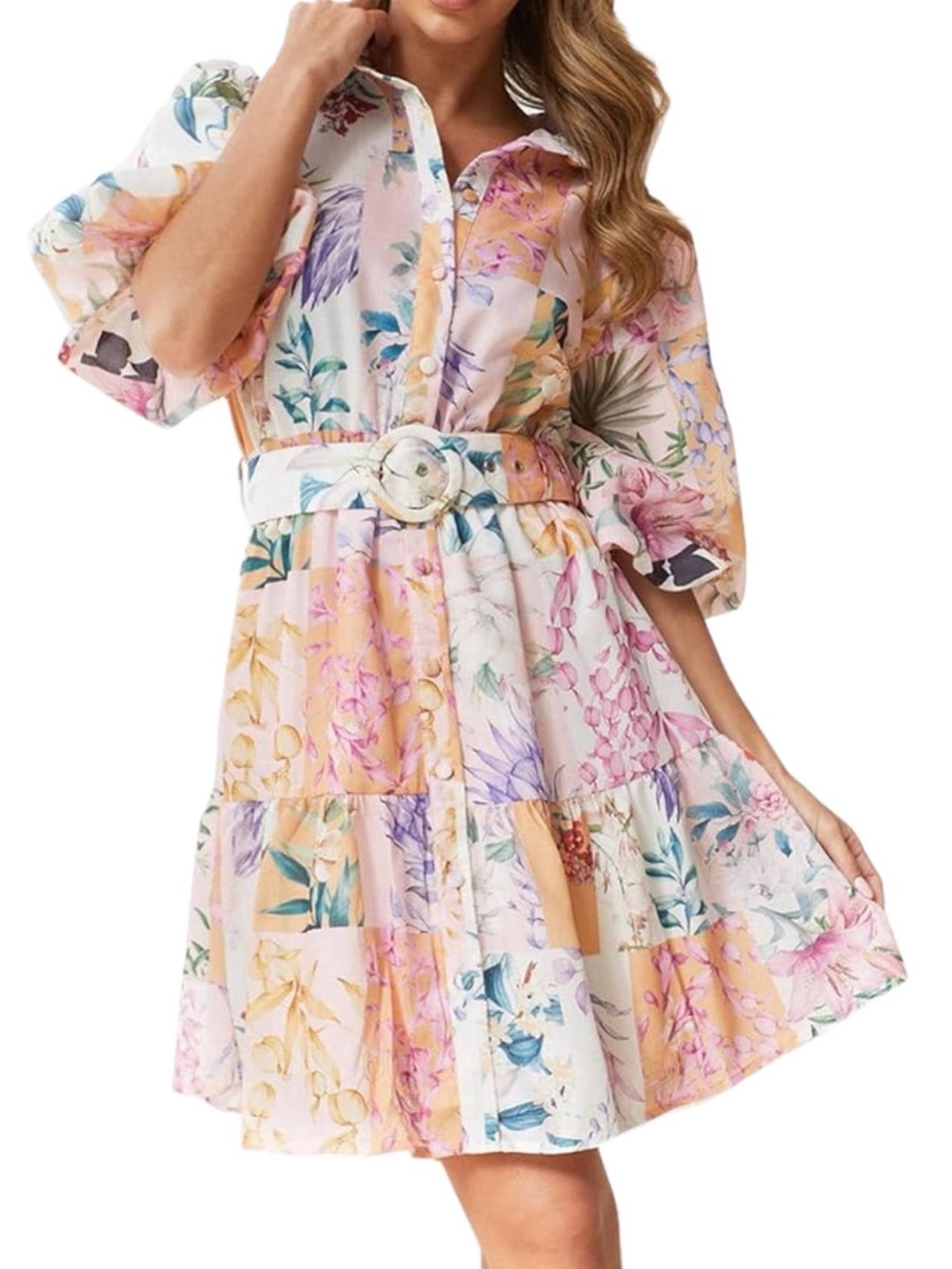 Floral Patchwork Belted Dress - Pink & Peach